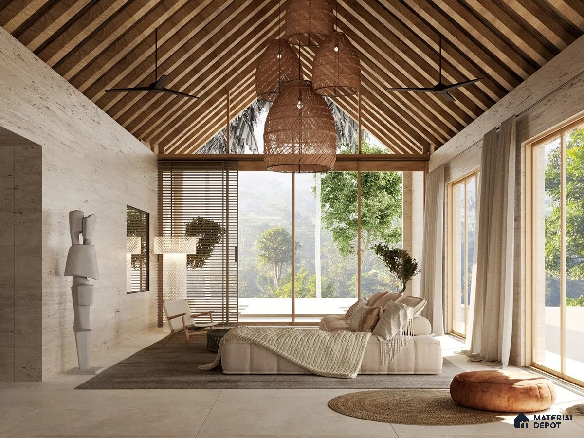 A mixed-style living room with contemporary furniture, traditional rugs, and eclectic accessories.